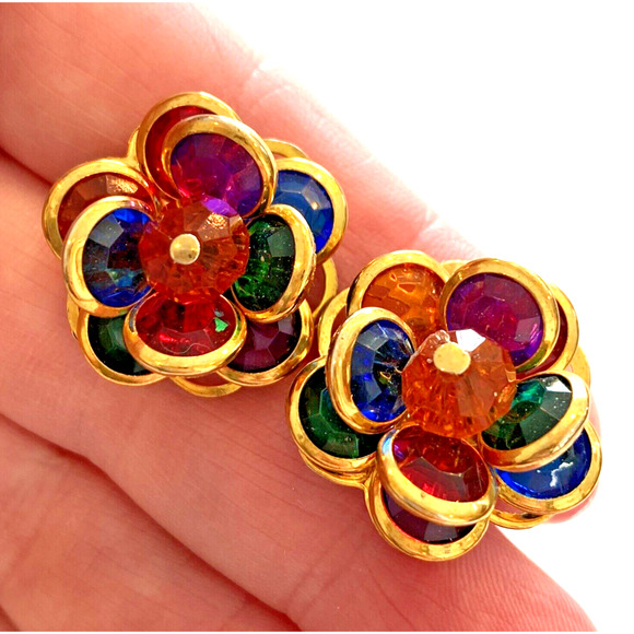 Jewel Tones Pierced Earrings Vintage 1980’s Multicolor On Goldtone Bead Clusters - Picture 4 of 6